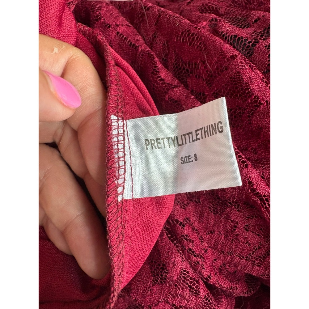 NWT PrettyLittleThing Burgundy Lace Ruffle Detail Plunge Maxi Dress Size 8 - Picture 10 of 11